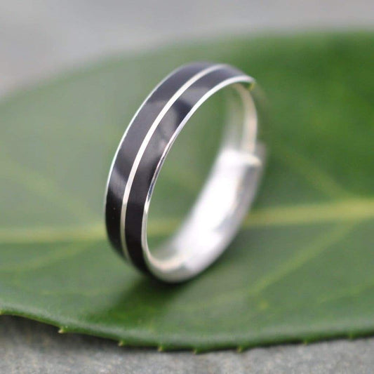 Asi black coyol wood ring with offset sterling silver inlay, comfort fit