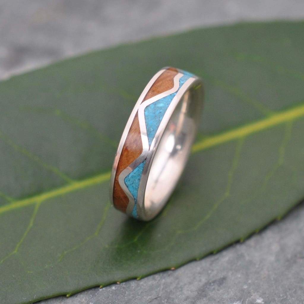 Turquoise Mountain Range Wood Ring, Turquoise and Bourbon Barrel Ring - Naturaleza Organic Jewelry & Wood Rings