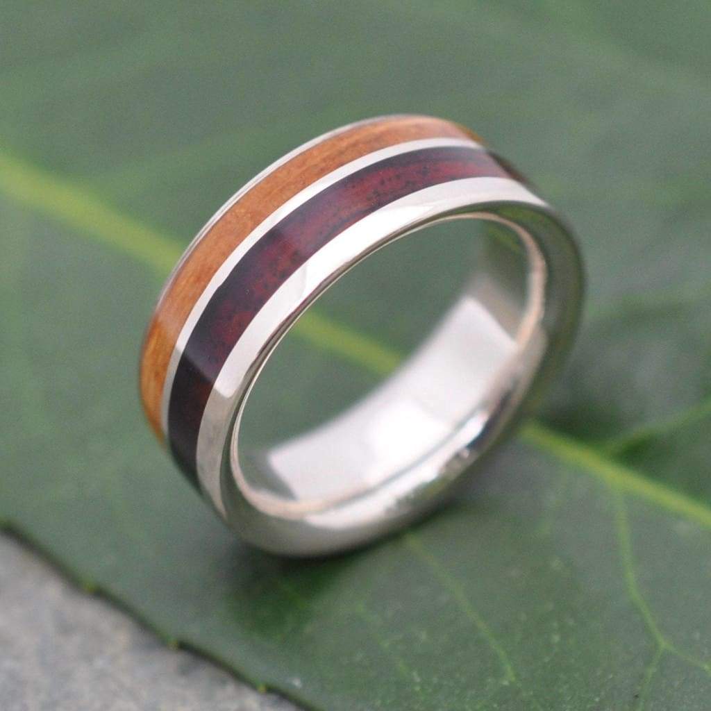 Two Wood Un Lado Asi Kentucky Bourbon Barrel and Nambaro Wood Ring, Recycled Sterling Silver Wood Ring, Bourbon Barrel Silver Wedding Ring