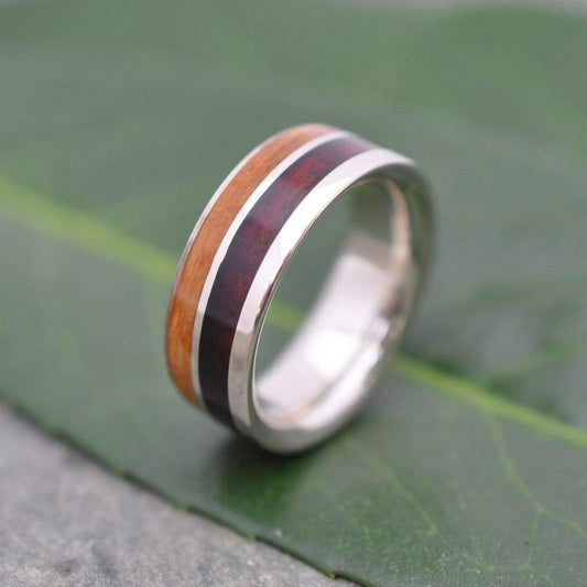 Two Wood Un Lado Asi Kentucky Bourbon Barrel and Nambaro Wood Ring, Recycled Sterling Silver Wood Ring, Bourbon Barrel Silver Wedding Ring