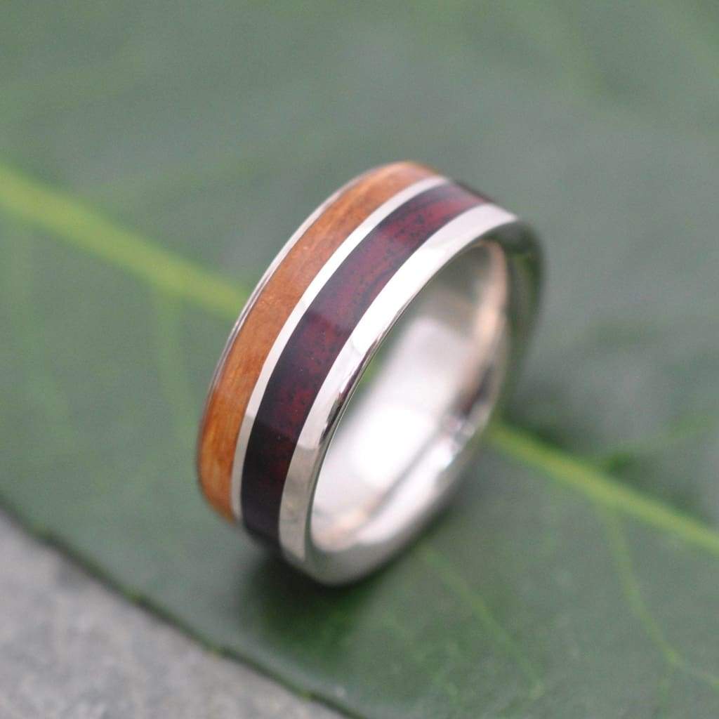 Two Wood Un Lado Asi Kentucky Bourbon Barrel and Nambaro Wood Ring, Recycled Sterling Silver Wood Ring, Bourbon Barrel Silver Wedding Ring