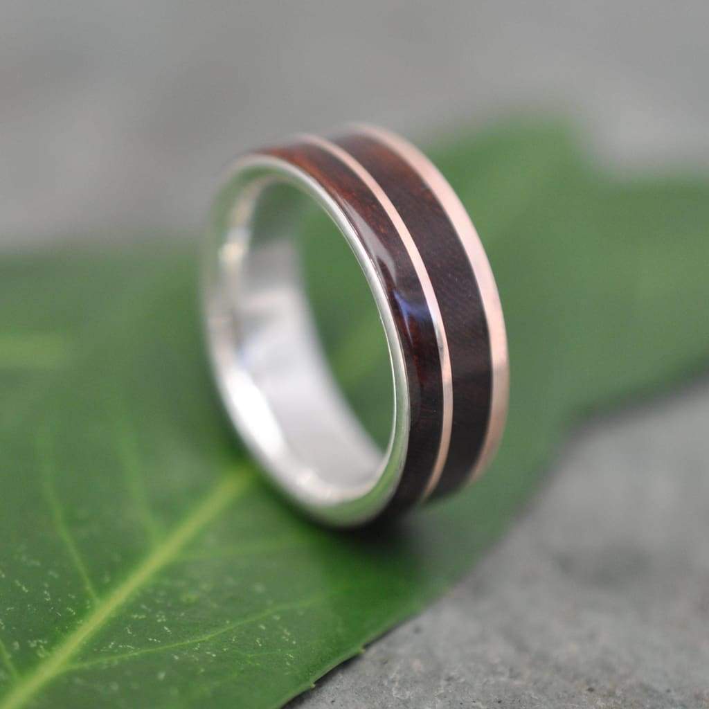 Rose Gold Wood Wedding Ring, Comfort Fit Un Lado Asi Rose Gold Wooden Wedding Band, Wood Inlay Wedding Ring, Rose Gold and Silver