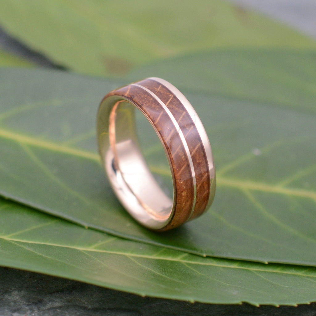 Un Lado Asi Rose Gold Bourbon Barrel Wood Ring Rose Gold Whiskey Barrel Wedding Band Gold Wood Wedding Ring Mens Gold Wood Ring