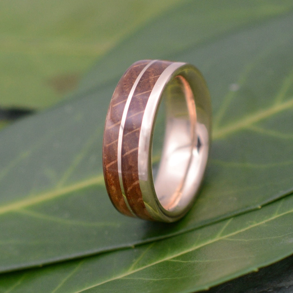 Un Lado Asi Rose Gold Bourbon Barrel Wood Ring Rose Gold Whiskey Barrel Wedding Band Gold Wood Wedding Ring Mens Gold Wood Ring