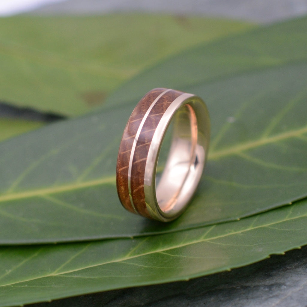 Un Lado Asi Rose Gold Bourbon Barrel Wood Ring Rose Gold Whiskey Barrel Wedding Band Gold Wood Wedding Ring Mens Gold Wood Ring