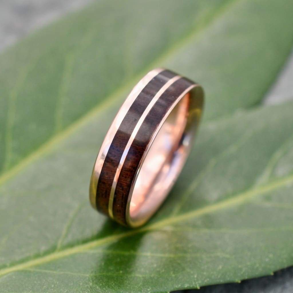 Un Lado Asi Rose Gold Walnut Wood Ring, Comfort Fit Rose Gold Wood Wedding Band, Gold Wood Wedding Ring, Mens Gold Wood Ring