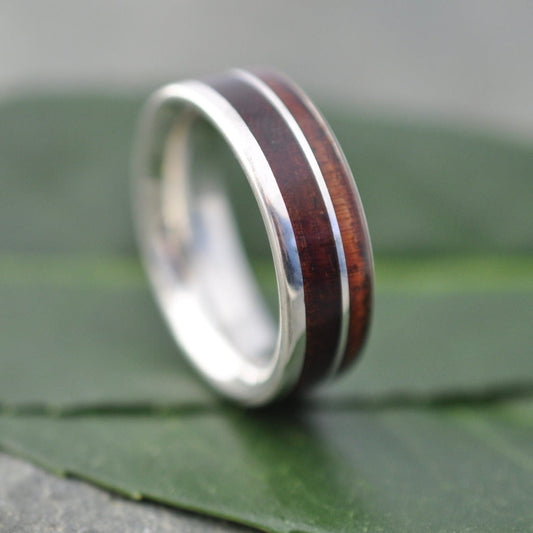 Un Lado Asi White Gold Koa Wood Wedding Ring 14k Recycled White Wood Wedding Band, White Gold Mens Wooden Wedding Ring Koa Wedding Band