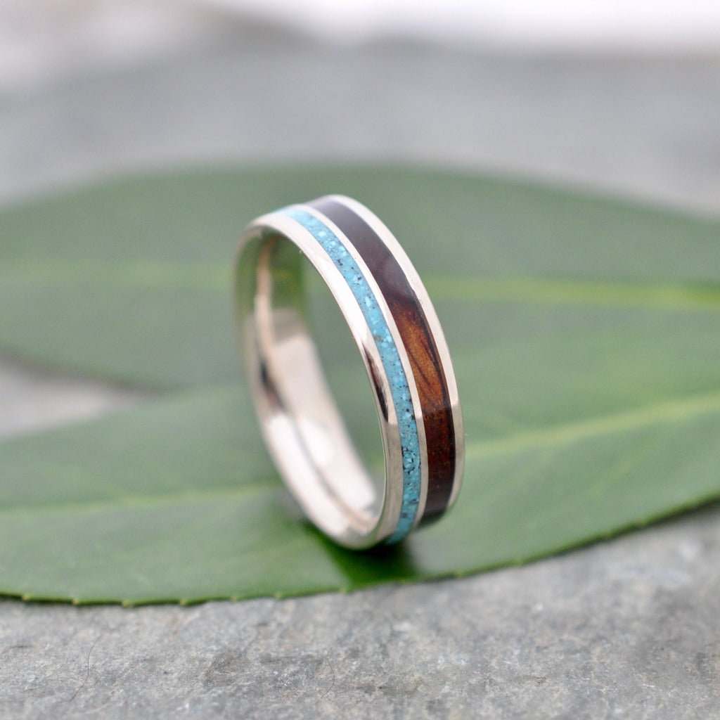 Yellow Gold Rayo de Luz Turquoise and Koa Wood Ring Yellow Gold Wood Wedding Ring Gold and Turquoise Ring Koa Wedding Ring