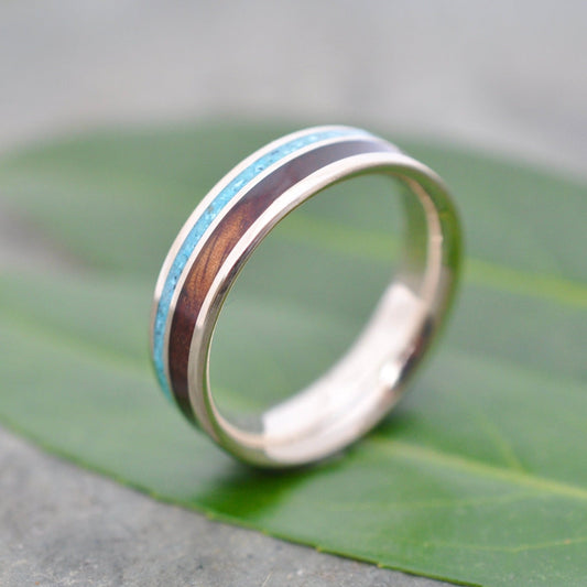 Yellow Gold Rayo de Luz Turquoise and Koa Wood Ring Yellow Gold Wood Wedding Ring Gold and Turquoise Ring Koa Wedding Ring