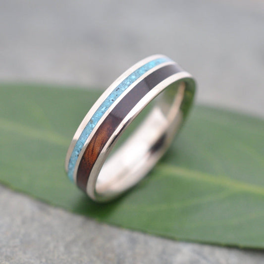 Yellow Gold Rayo de Luz Turquoise and Koa Wood Ring Yellow Gold Wood Wedding Ring Gold and Turquoise Ring Koa Wedding Ring