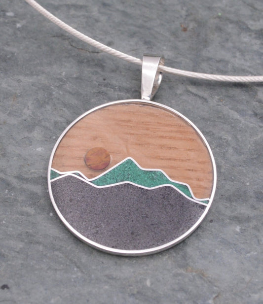 Wooden Mountain Necklace with Malachite and Titanium Sand Inlay Mountain Necklace Mountain Pendant Wood and Stone Inlay Necklace