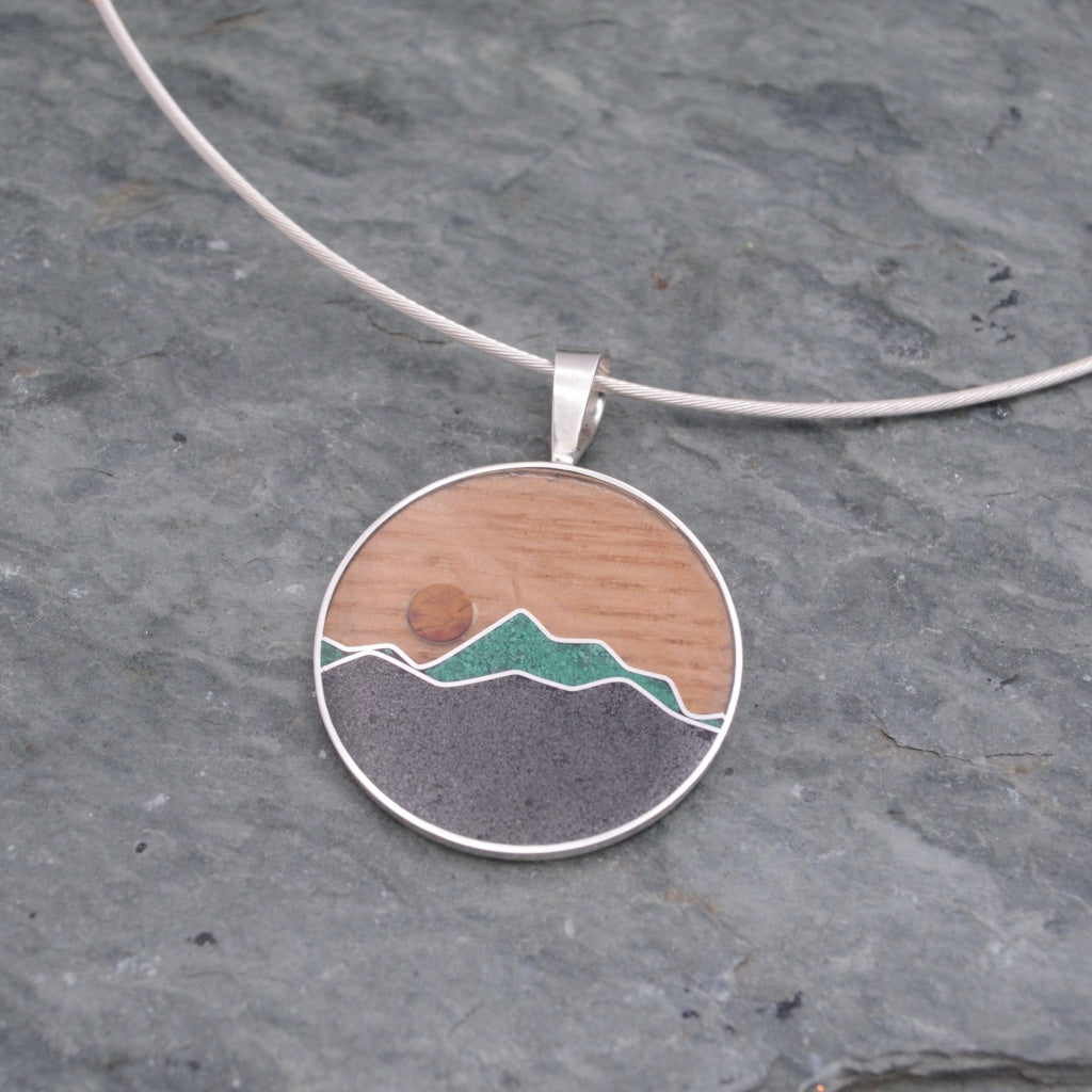 Wooden Mountain Necklace with Malachite and Titanium Sand Inlay Mountain Necklace Mountain Pendant Wood and Stone Inlay Necklace