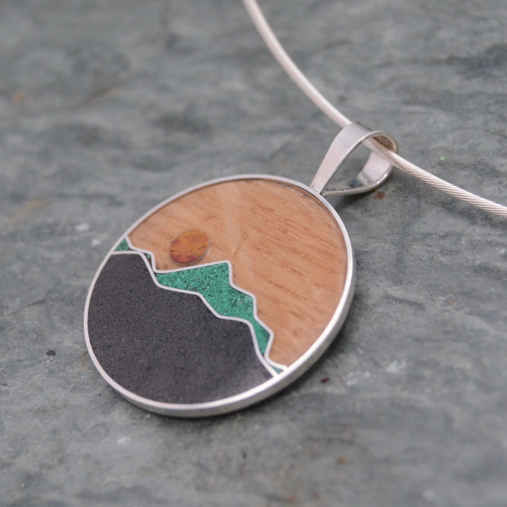 Wooden Mountain Necklace with Malachite and Titanium Sand Inlay Mountain Necklace Mountain Pendant Wood and Stone Inlay Necklace