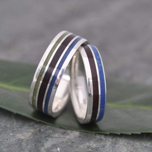 Wood and stone wedding band set with jade, lapis lazuli and recycled sterling silver by Naturaleza Organic Jewelry