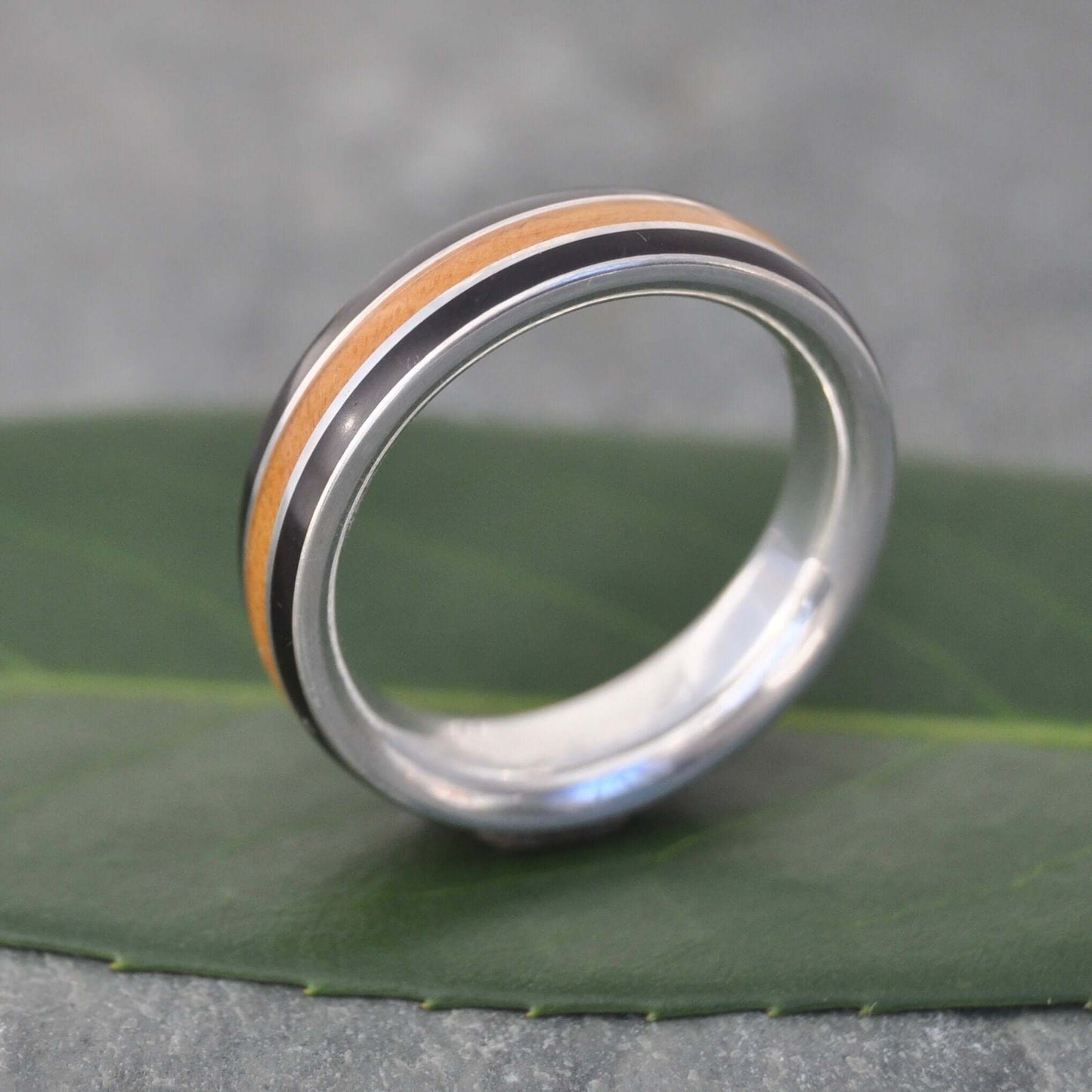 Juntos Wood Ring: Sterling Silver Wedding Band with Wooden Inlay, Coyol and Moran Wood