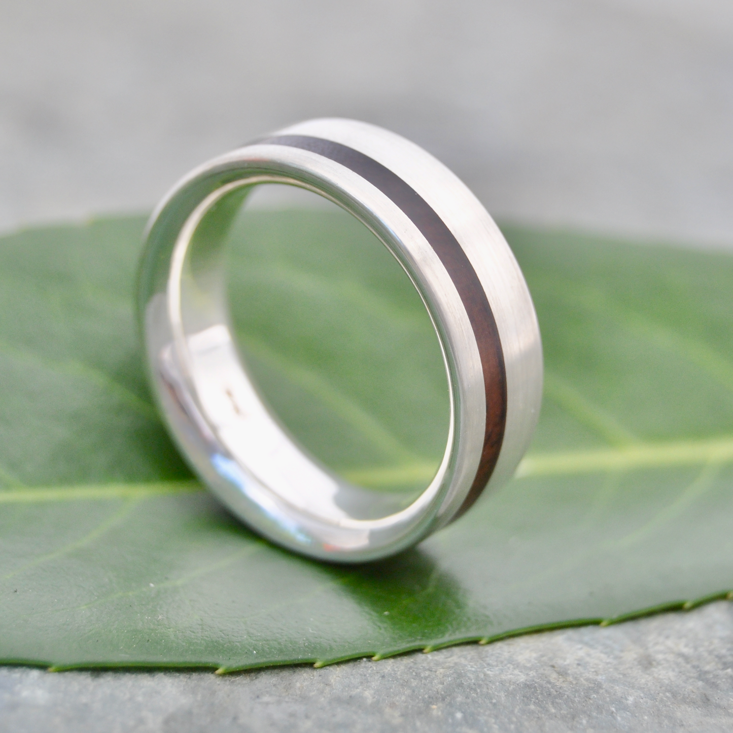 Recycled sterling silver wood wedding band with nacascolo, Equinox design