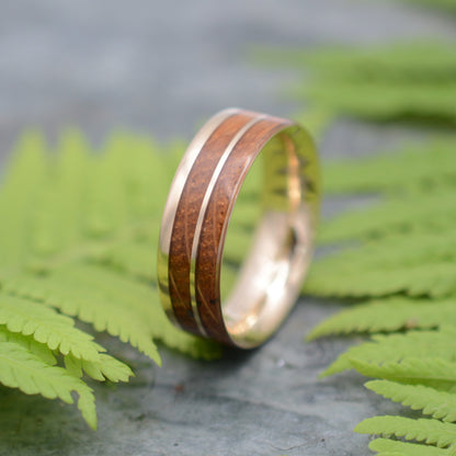 Custom whiskey barrel ring with 14k yellow gold. Made to order in Louisville, Kentucky with reclaimed bourbon barrel staves.