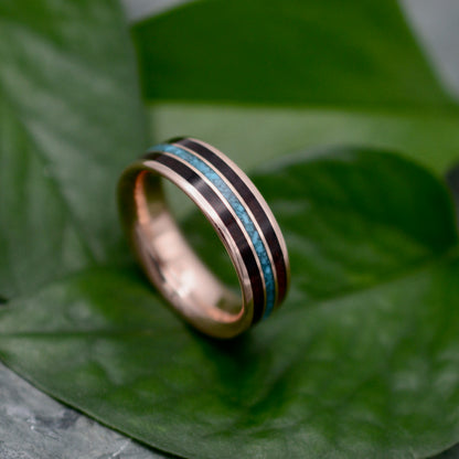 a ring with a blue and black stripe on top of a green leaf