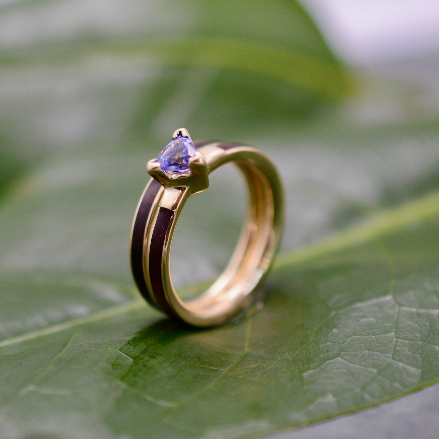 A gold ring with a purple gemstone is resting on a green leaf.