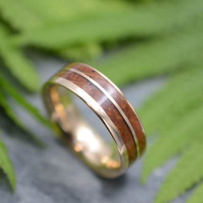 Bourbon Barrel Wedding Band with Gold, 14k recycled gold and reclaimed whiskey barrel. Handmade in Louisville, Kentucky.