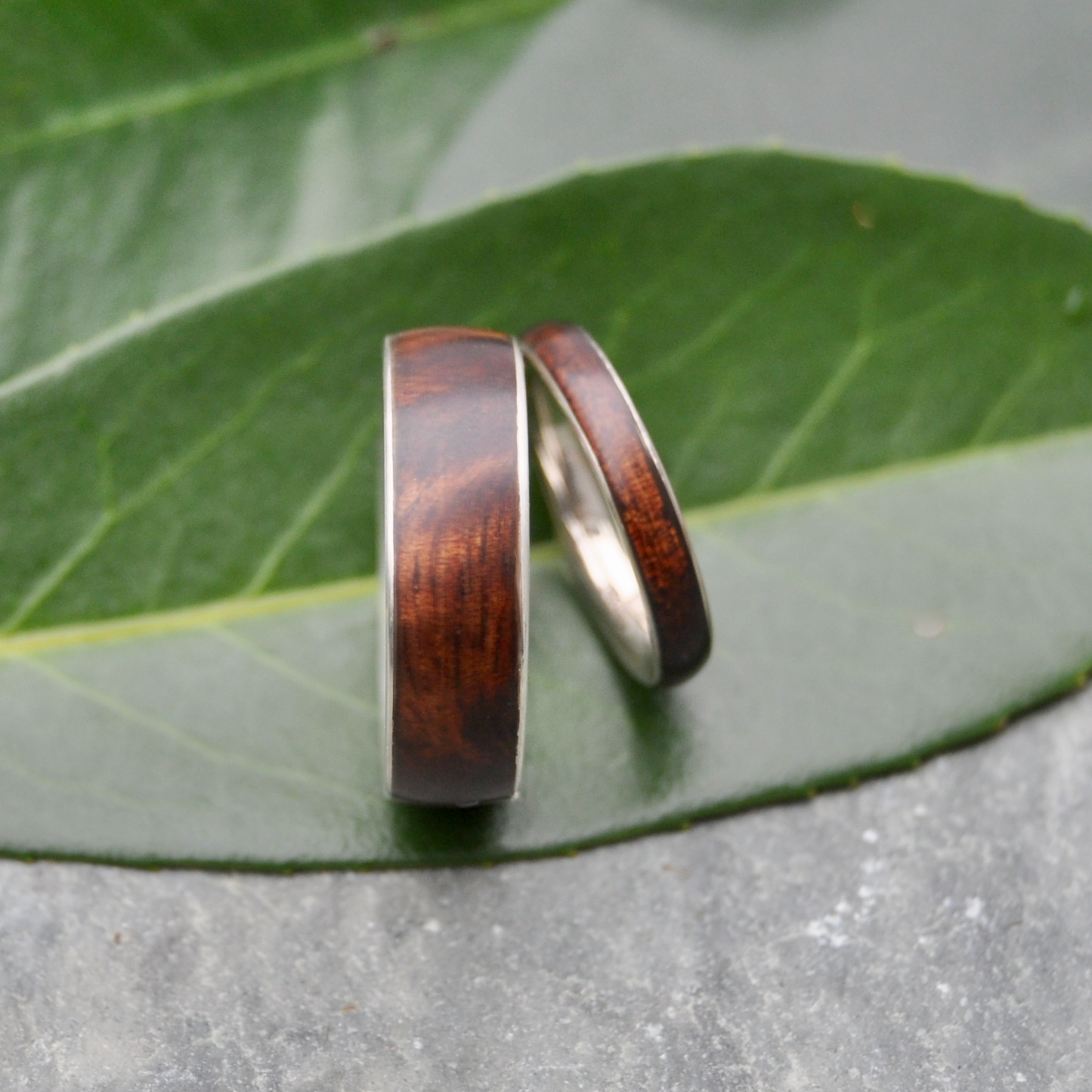 Two wooden rings with a dark brown hue are resting on a green leaf, creating a natural and serene setting.