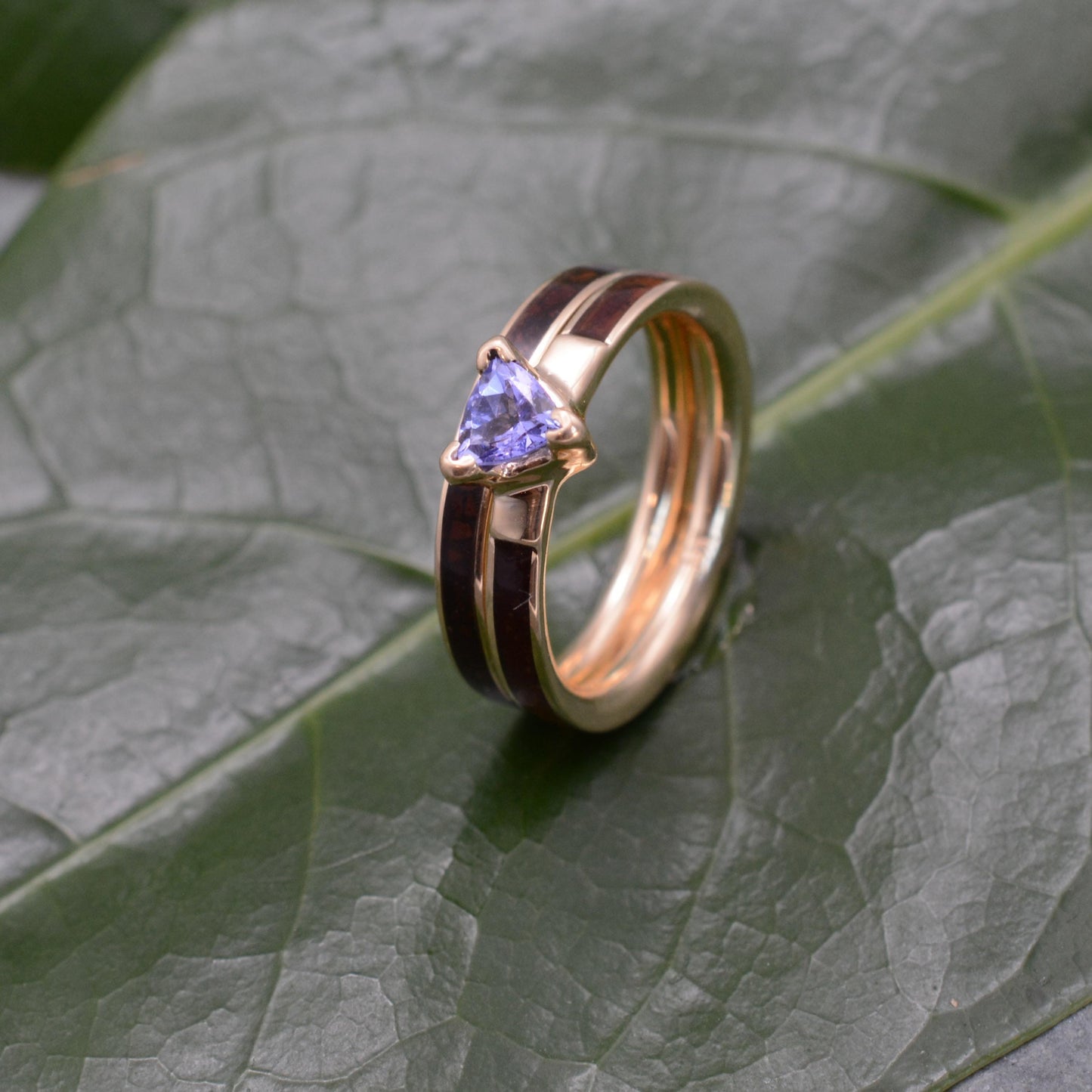 A gold ring with a purple gemstone is resting on a green leaf.