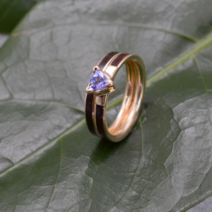 A gold ring with a purple gemstone is resting on a green leaf.