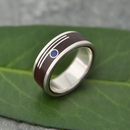 a ring with a blue stone in the center on a green leaf