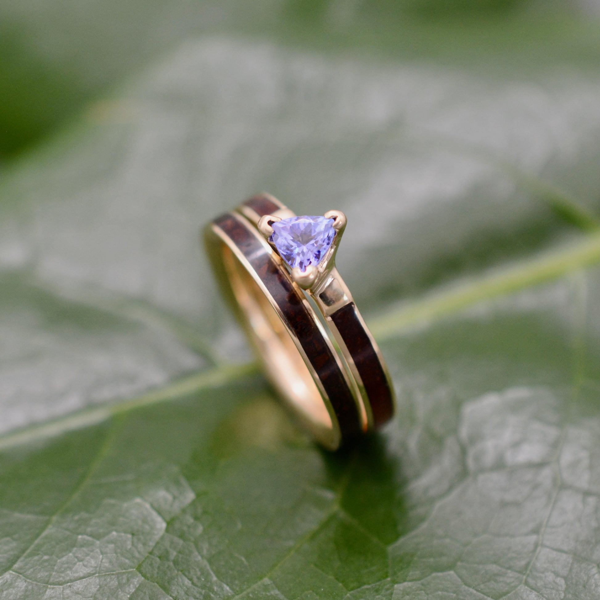 A gold ring with a purple gemstone is resting on a green leaf.