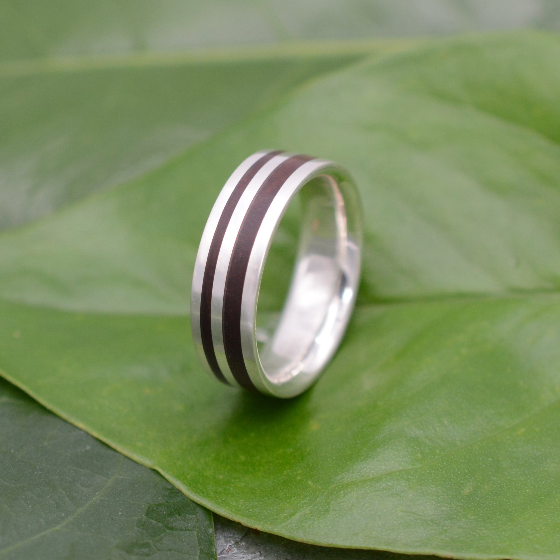 Mens Wood Wedding Ring with Recycled Sterling Silver, 7mm width
