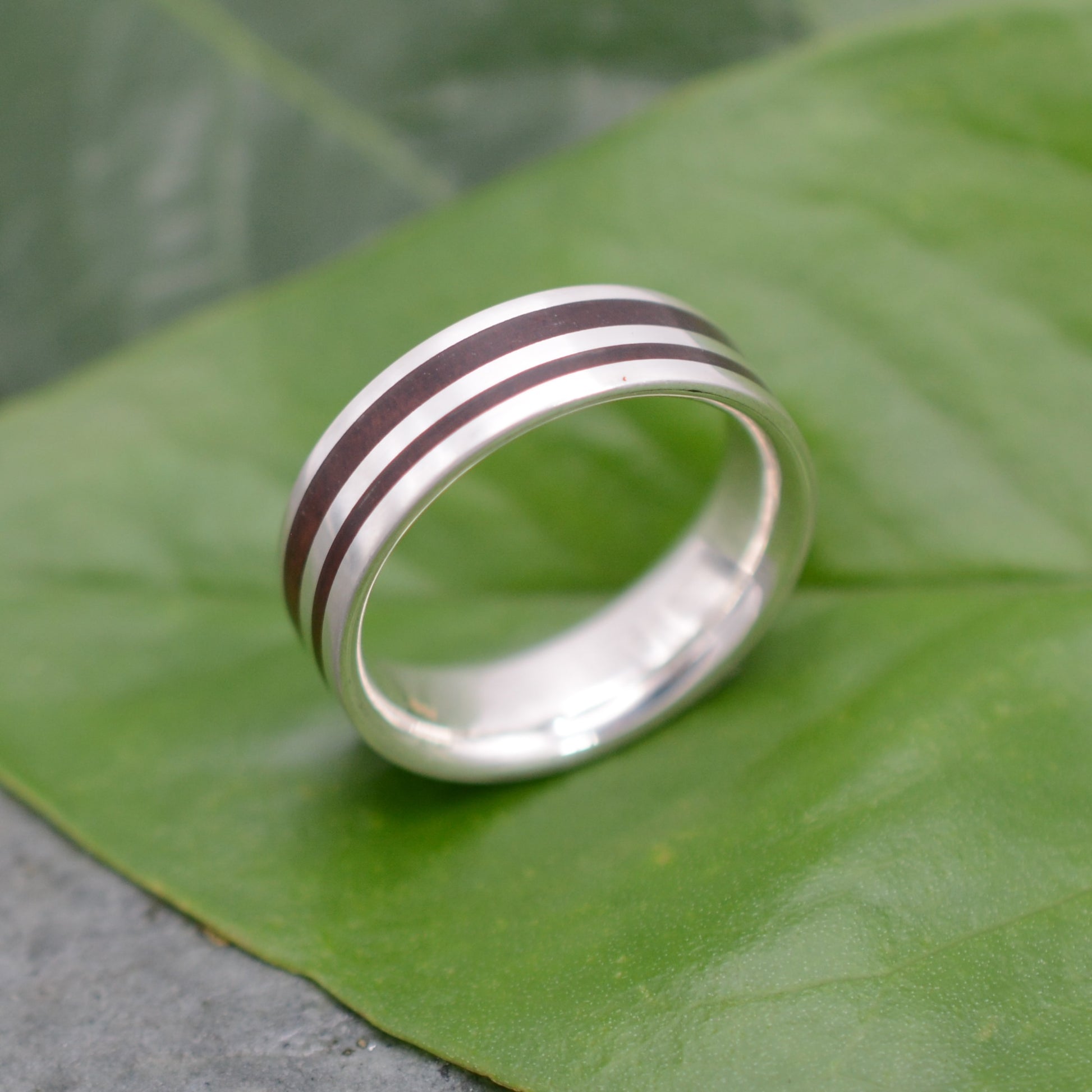 Recycled Sterling Silver Wood Wedding Band with Nacascolo Wood