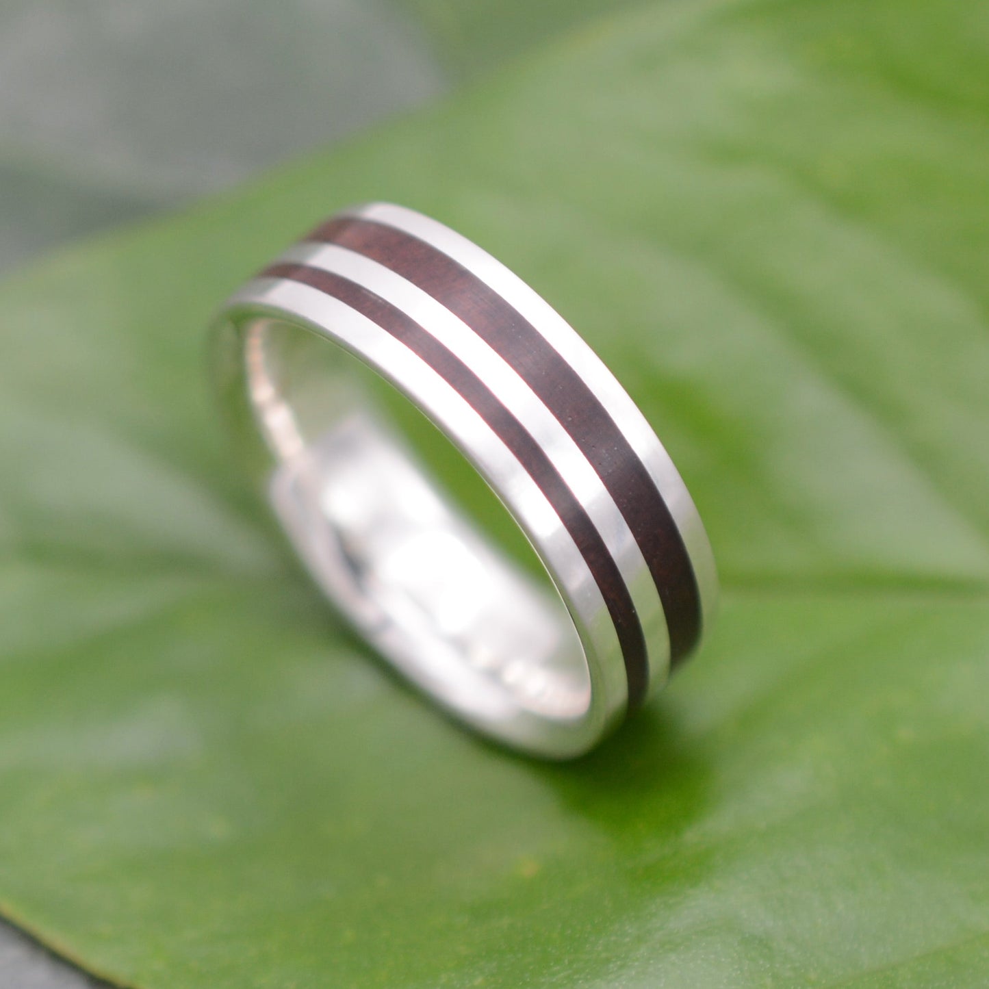 Wood and Silver Wedding Band Nacascolo Wood, Rayo de Luz, handmade in Louisville, KY