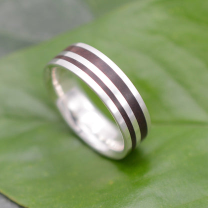 Wood and Silver Wedding Band Nacascolo Wood, Rayo de Luz, handmade in Louisville, KY
