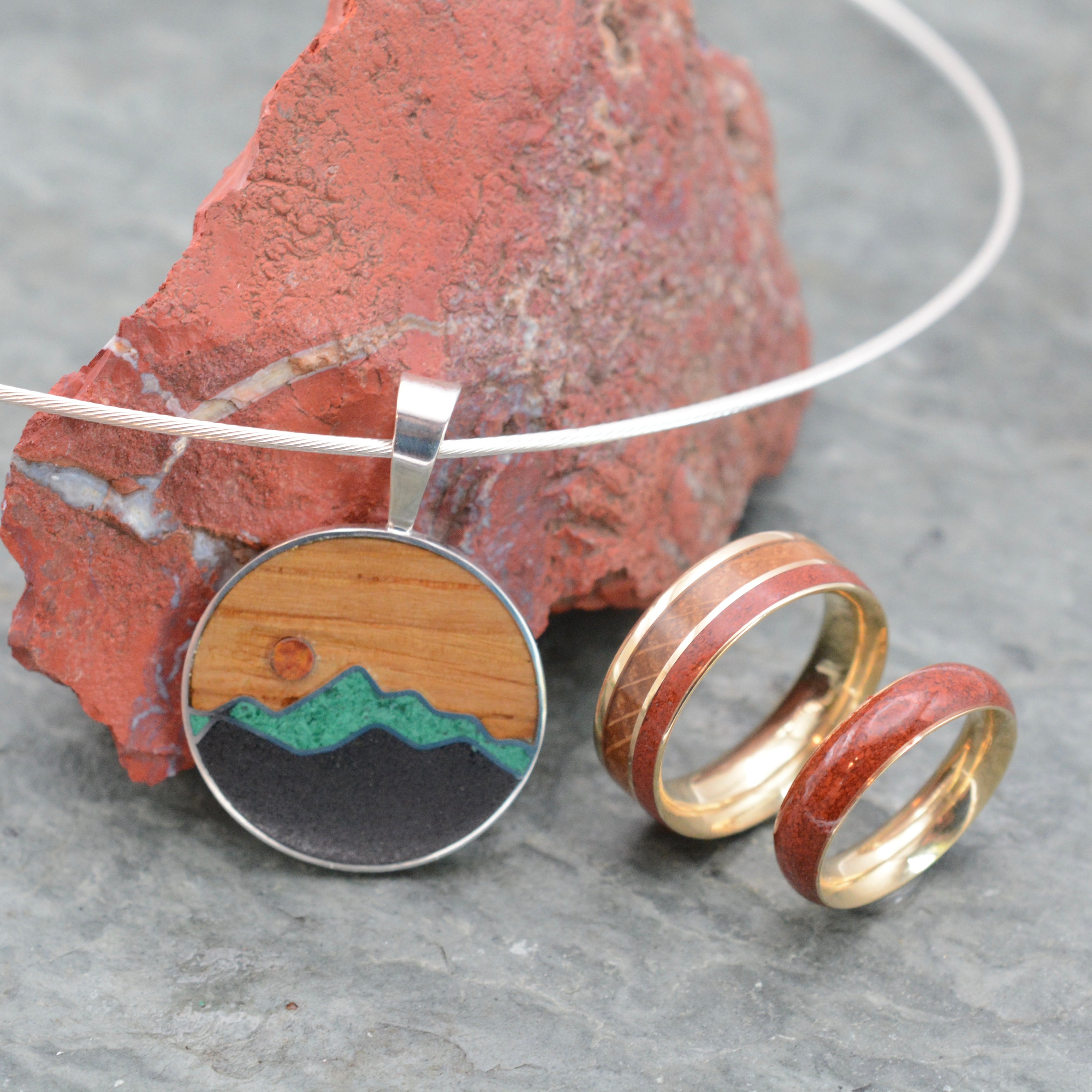 Red Jasper Stone Rings and Necklace, Custom Wedding Bands