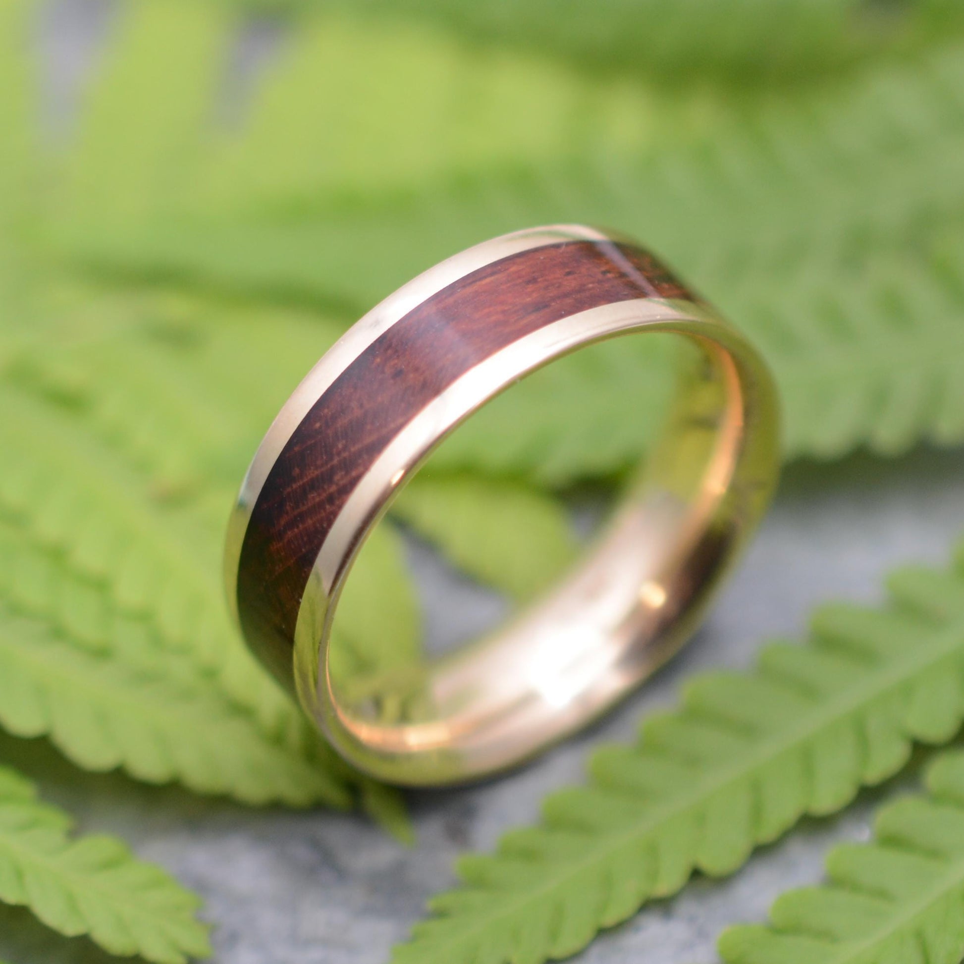 Wood and gold wedding band with Guapinol wood and 14k yellow gold, Lados design
