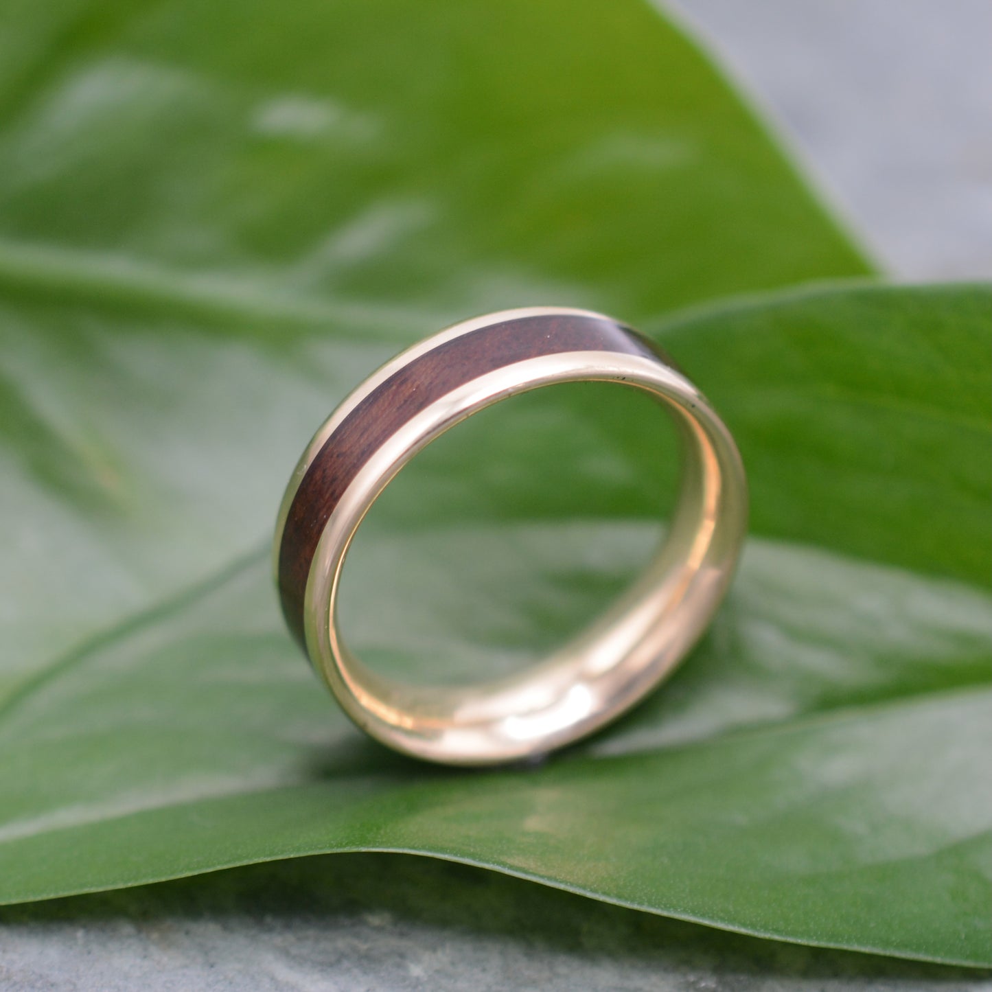 Sustainable Wood Wedding RIng with 14k recycled gold and hardwood, Lados