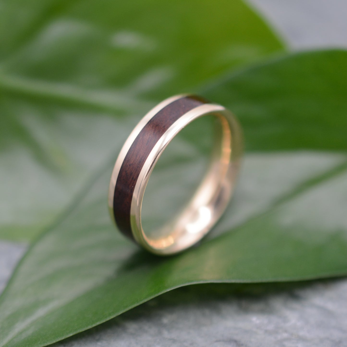 Gold and Wood Wedding Ring with nacascolo wood and 14k solid yellow gold by Naturaleza Organic Jewelry 