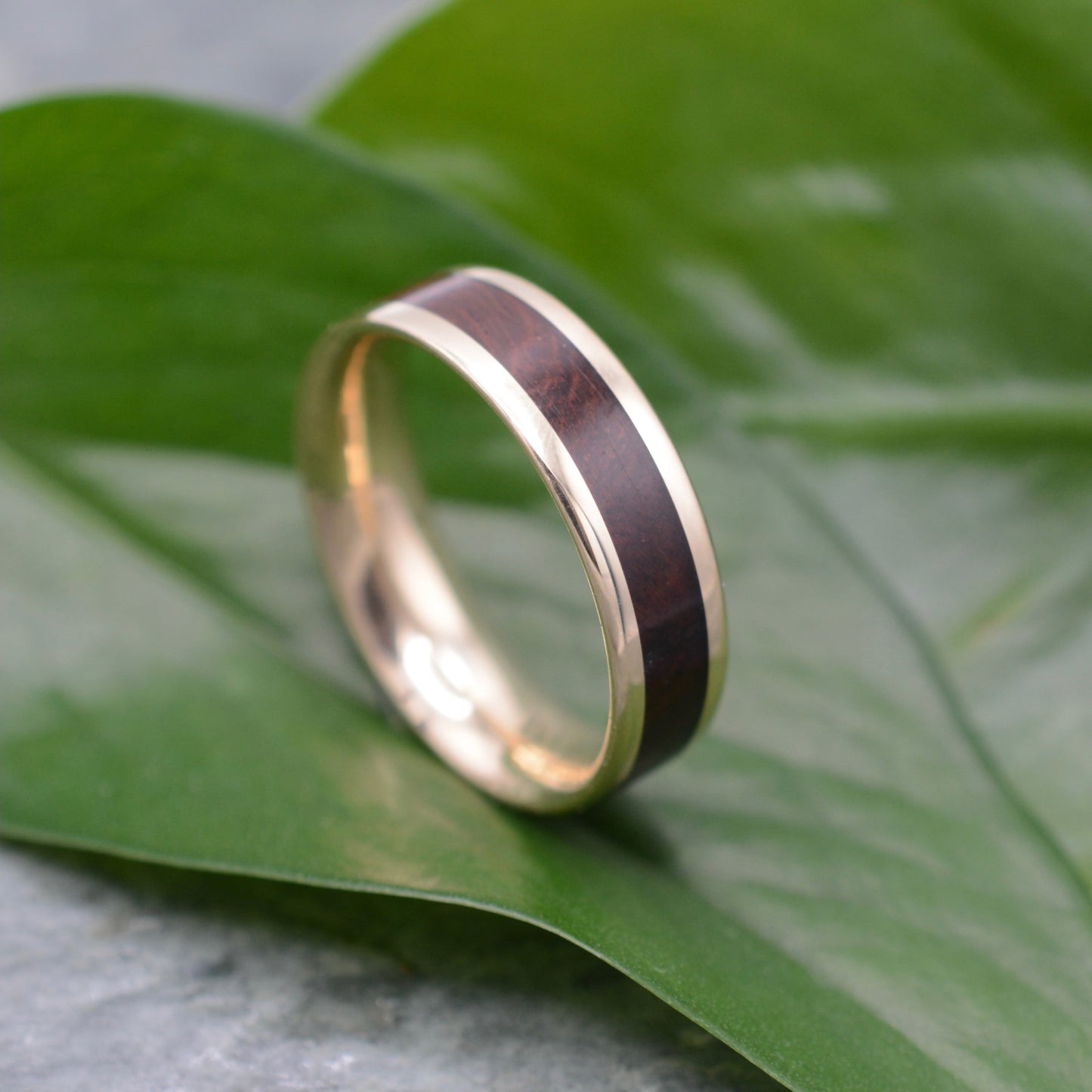 Handmade mens wood and gold wedding band with 14k recycled solid gold, Lados