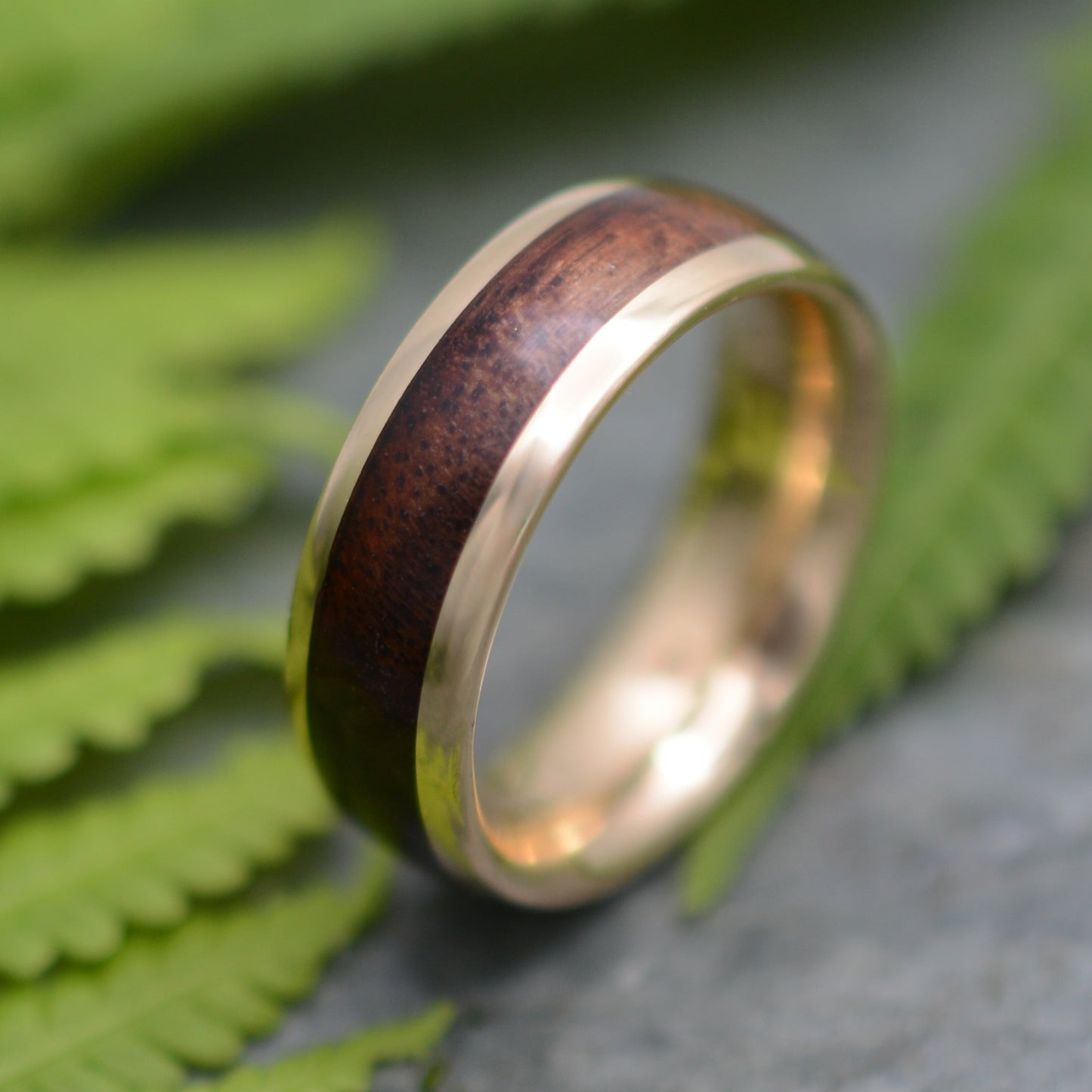 Mens Wood Wedding Band with Walnut Wood and 14k Yellow Gold, Round Profile, Lados