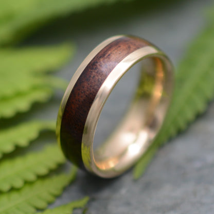 Mens Wood Wedding Band with Walnut Wood and 14k Yellow Gold, Round Profile, Lados
