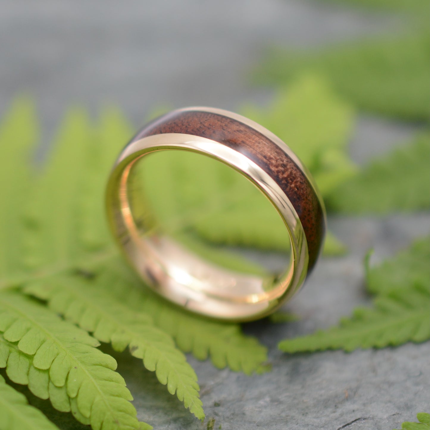Handmade wood wedding band with 14k recycled gold and Black Walnut Wood, by Naturaleza Organic Jewelry