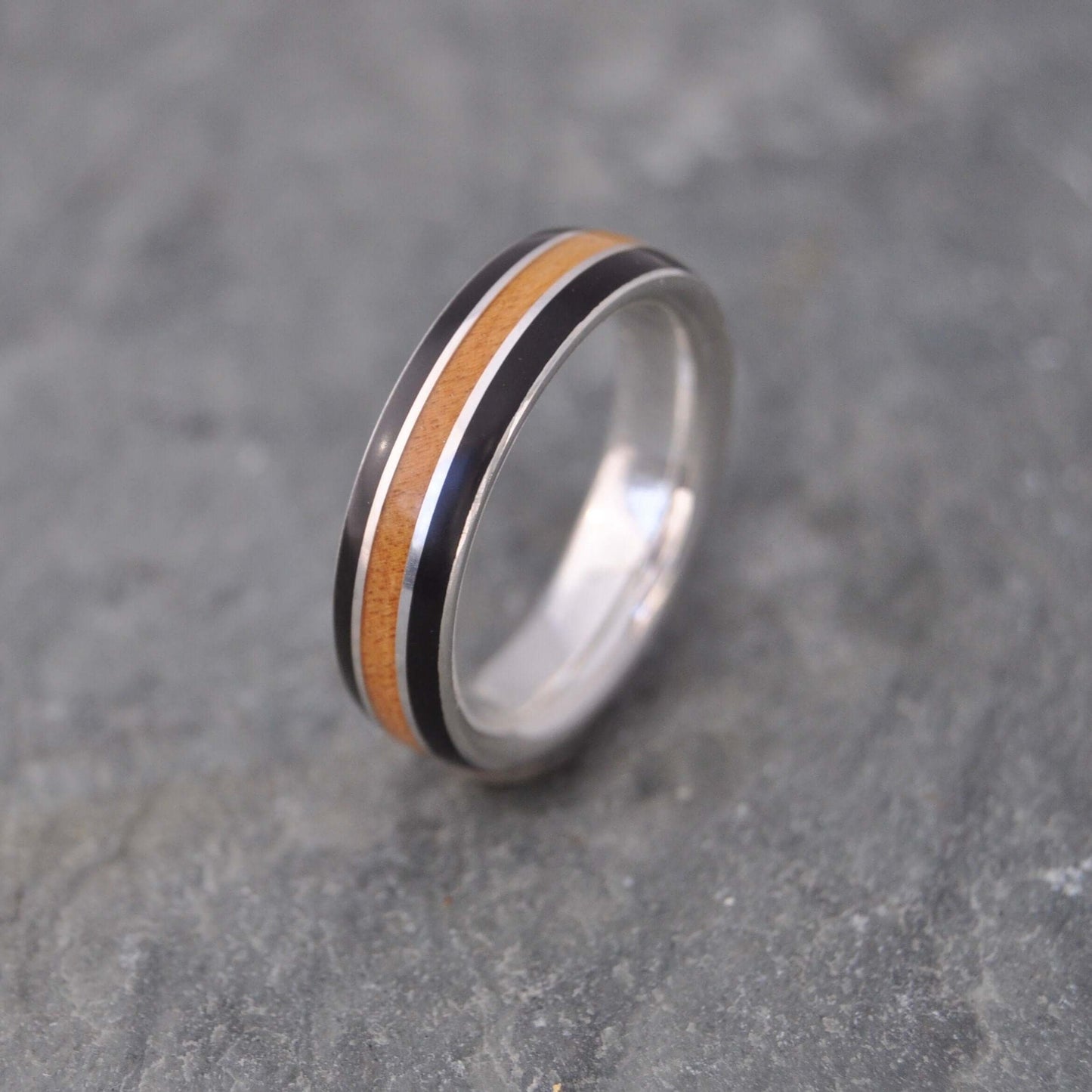 Juntos Wood Ring: Sterling Silver Wedding Band with Wooden Inlay, Coyol and Moran Wood