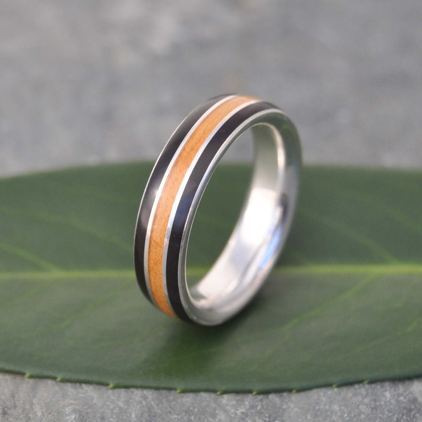 Juntos Wood Ring: Sterling Silver Wedding Band with Wooden Inlay, Coyol and Moran Wood