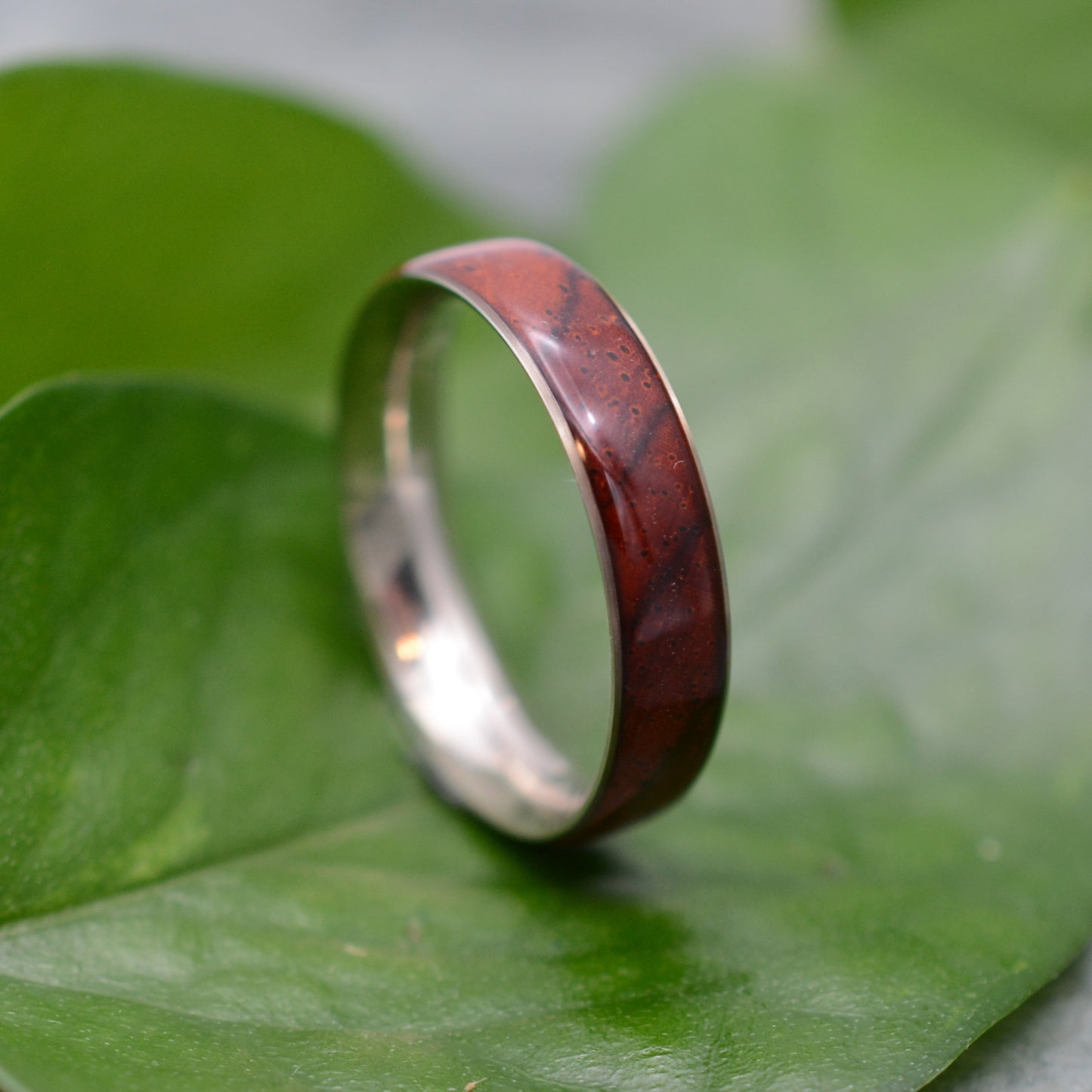 a silver ring with a red wood in it