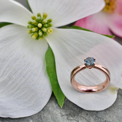 Aquamarine wood engagement ring with Kentucky walnut and recycled rose gold tapered band handmade in Louisville KY