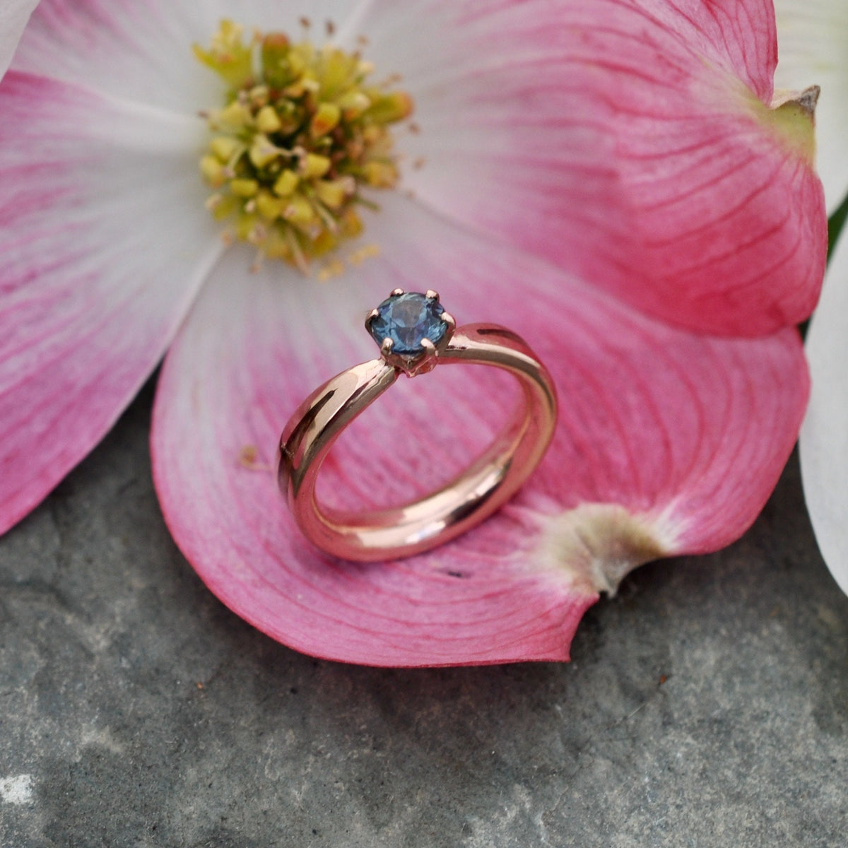 Aquamarine wood engagement ring with Kentucky walnut and recycled rose gold tapered band made to order