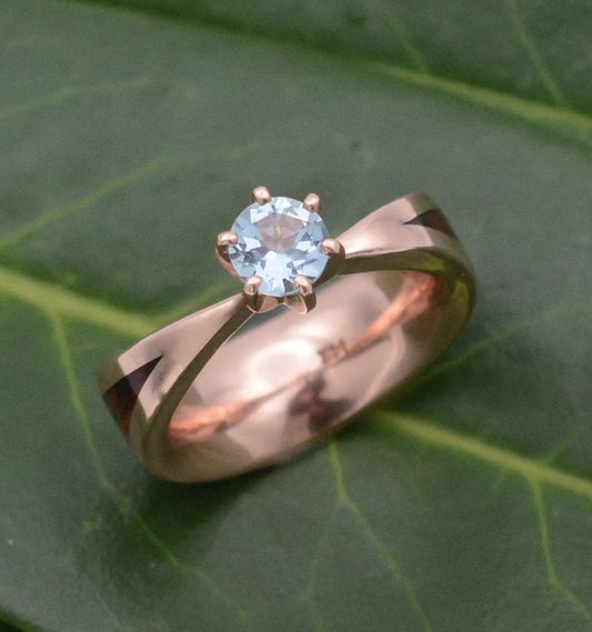 Aquamarine wood engagement ring with Kentucky walnut and recycled rose gold tapered band