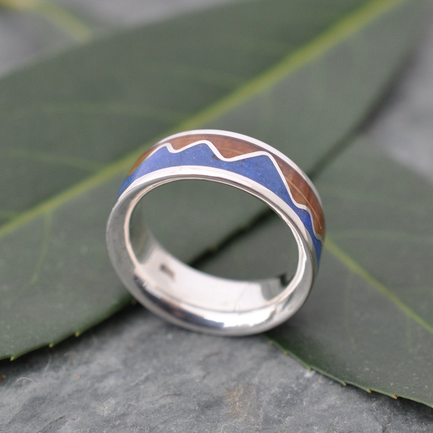 Lapis Lazuli Mountain Ring, Bourbon Barrel Wood and Sterling Silver