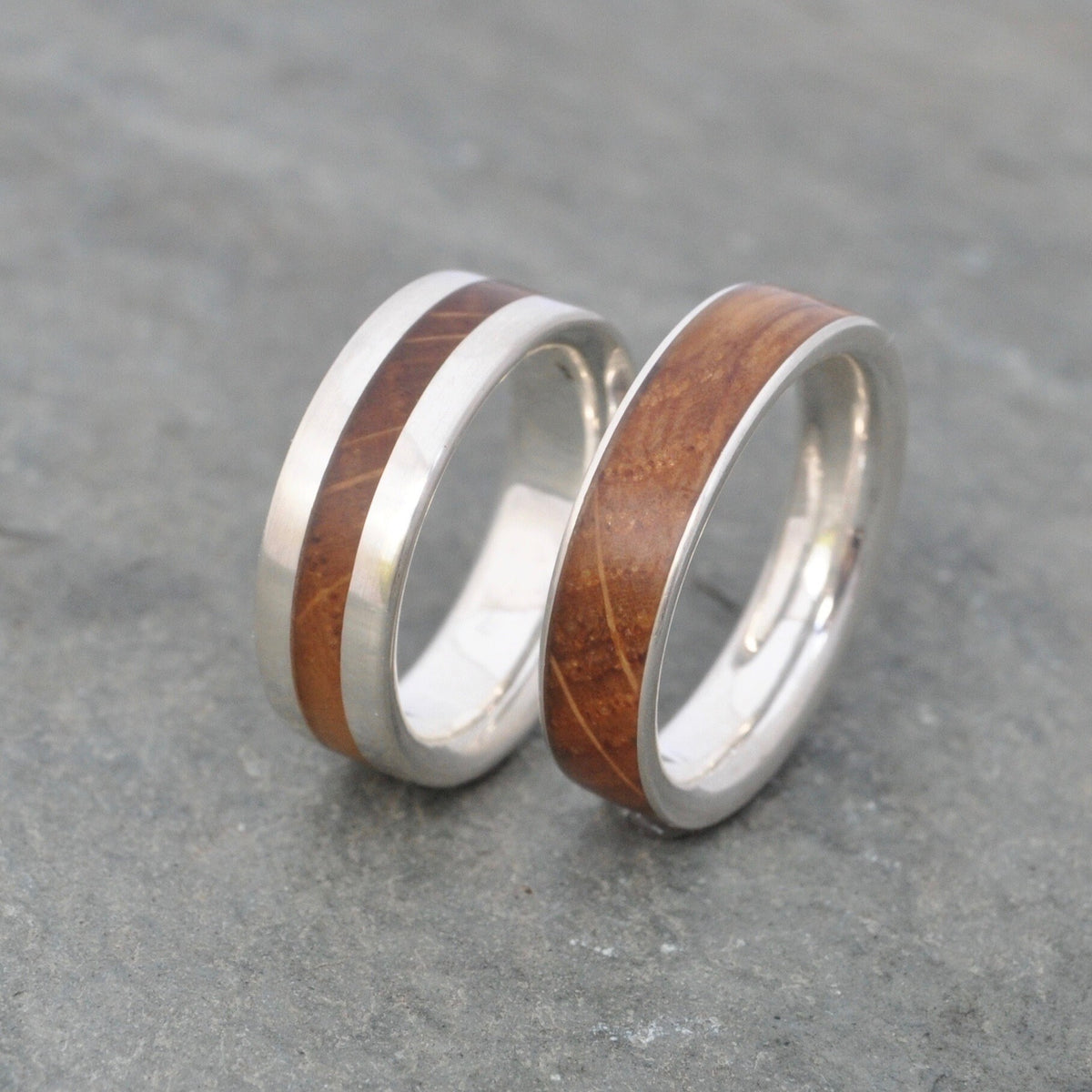 Reclaimed bourbon barrel wood ring with recycled sterling silver, comfort fit