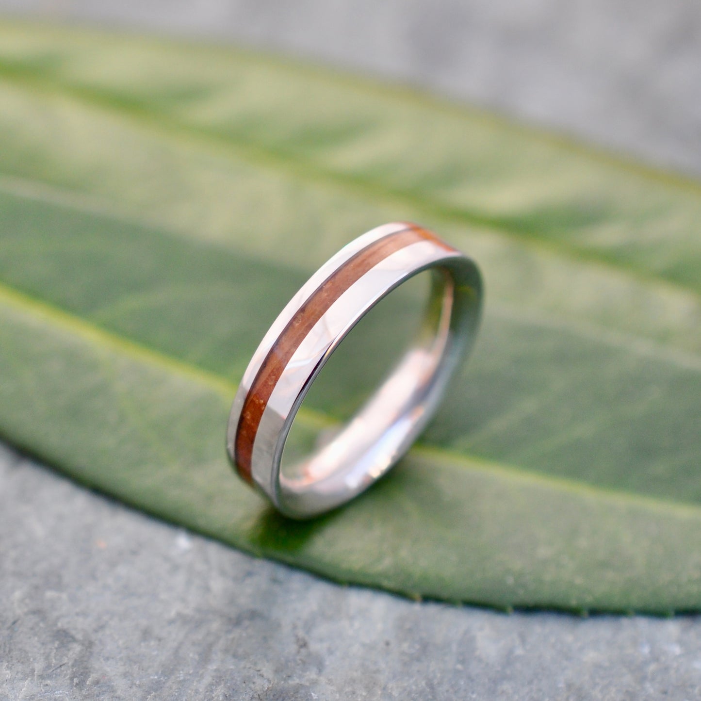 Mens white gold wood wedding band with bourbon barrel